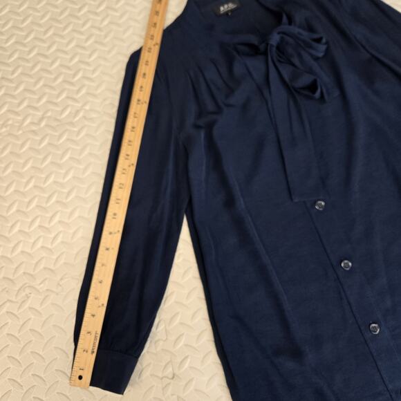 APC Shirt Dress Womens Large Tie Neck Marine Blue French Designer Minimalist - Picture 11 of 13